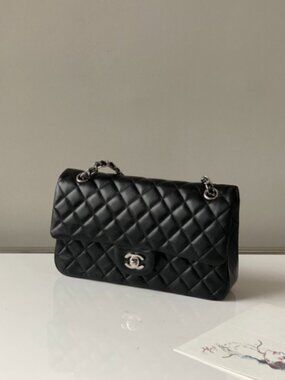 Chanel Classic Flap Medium Bag in Black Lambskin with Silver Hardware